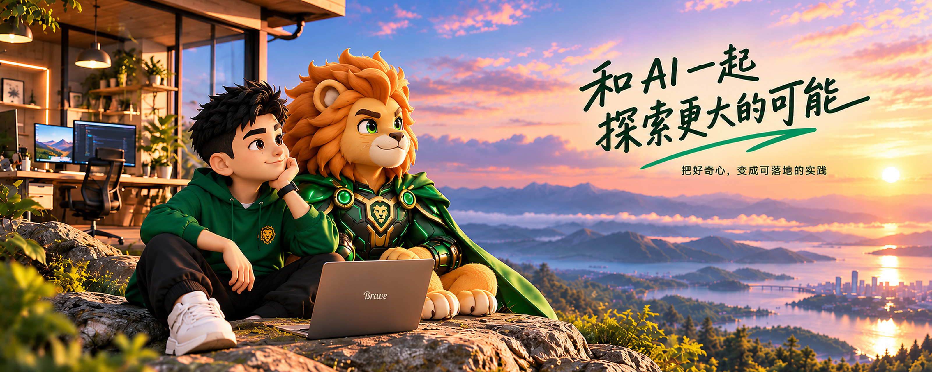 张张和狮子 Brave 坐在开放式工作室前眺望山川大河，右侧书法标题：和AI一起 探索更大的可能，把好奇心，变成可落地的实践